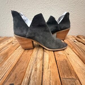 Susina Grey Suede Open Toe Booties Stacked Block Heel Ankle Boots Size 7.5M